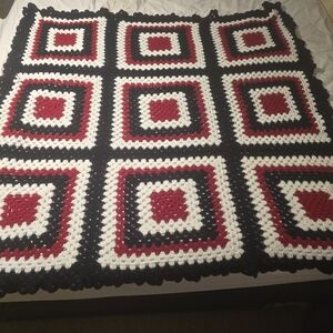 Handmade Crochet Granny Square Blanket - Red, Black & White